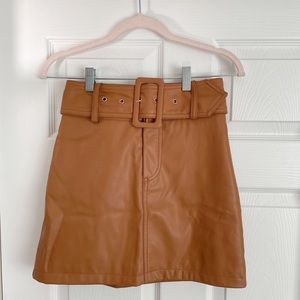 Caramel brown belted faux leather skirt